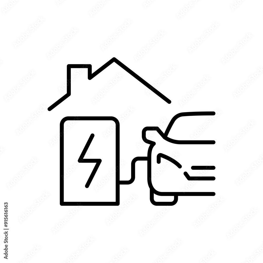 Home charging station icon. Simple outline style. Charging electric vehicle at home, building, house, green energy, technology concept. Thin line symbol. Vector illustration isolated. Home charging station icon. Simple outline style. Charging electric vehicle at home, building, house, green energy, technology concept. Thin line symbol. Vector illustration isolated.