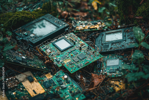 A haunting clutter of discarded electronic circuit boards lies forgotten in nature, symbolizing the detrimental impact of e-waste on the environment. photo