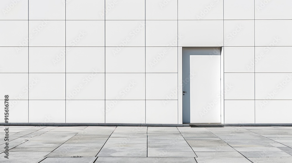 White tiled wall with closed door. White tiled wall with closed door.