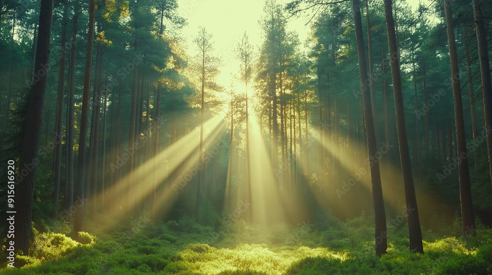 Obraz premium old trees in forest, sunlight stripes through the wood.