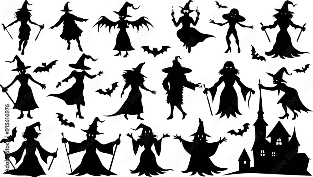 Set of silhouettes of Halloween Witches Set of silhouettes of Halloween Witches