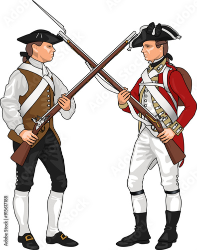 Minuteman and British Soldier from American Revolutionary War Clashing Each Others Weapons, Illustration Isolated on White Background, EPS 10 Vector