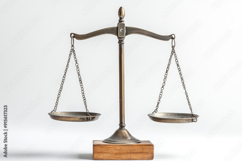 Antique bronze balancing scale against a clean white background, symbolizing justice, equality, and weighing crucial life decisions.