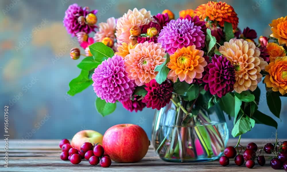 Colorful flowers in glass vase with fruits on wooden table Colorful flowers in glass vase with fruits on wooden table