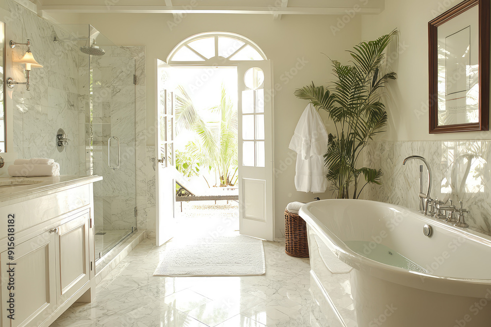 Luxurious spa-like bathroom with a lavish soaking tub, rainfall shower, and tropical views through an elegant arched window door. Pure tranquility awaits.
