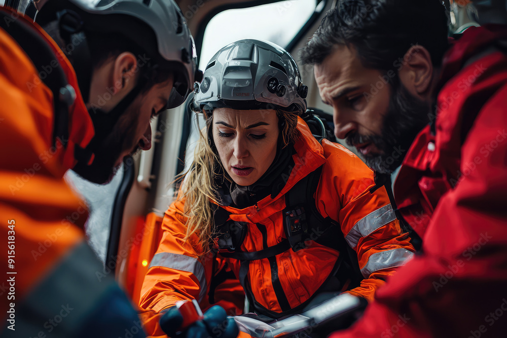 Emergency response team clad in orange jackets and helmets diligently examines a situation inside a vehicle, displaying intense focus and determination. Emergency response team clad in orange jackets and helmets diligently examines a situation inside a vehicle, displaying intense focus and determination.