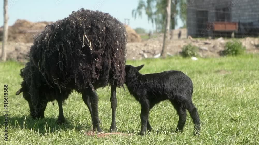 A newborn black lamb grazes in a meadow next to its mother sheep. A sheep with a tag on its ear stands in a pasture with its offspring. Animal husbandry in agriculture. A newborn black lamb grazes in a meadow next to its mother sheep. A sheep with a tag on its ear stands in a pasture with its offspring. Animal husbandry in agriculture.