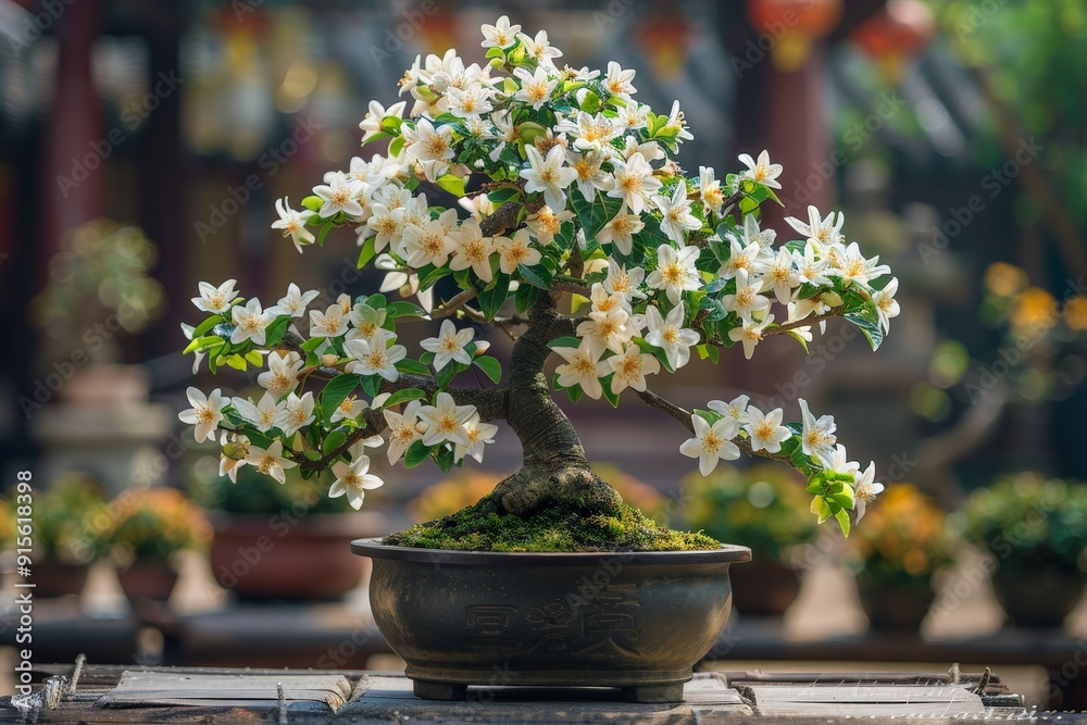 Bonsai with fragrant white flowers and lush green leaves, presented against a clean background to emphasize its beauty Bonsai with fragrant white flowers and lush green leaves, presented against a clean background to emphasize its beauty