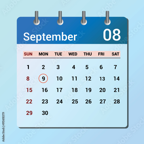 vector page of September month calendar and highlighted date September 9