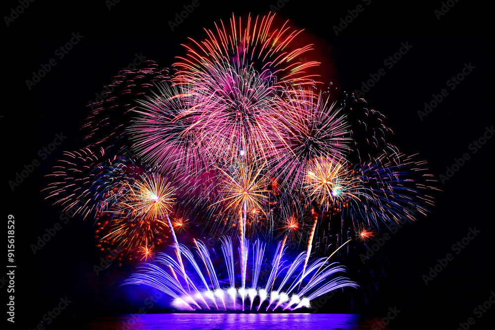 colourful firework display set for celebration happy new year and merry christmas and fireworks on black background