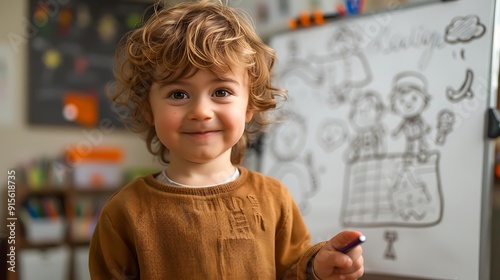 A cheerful child in a cozy sweater stands in front of a whiteboard covered with creative doodles, ideal for educational content and children's activities,