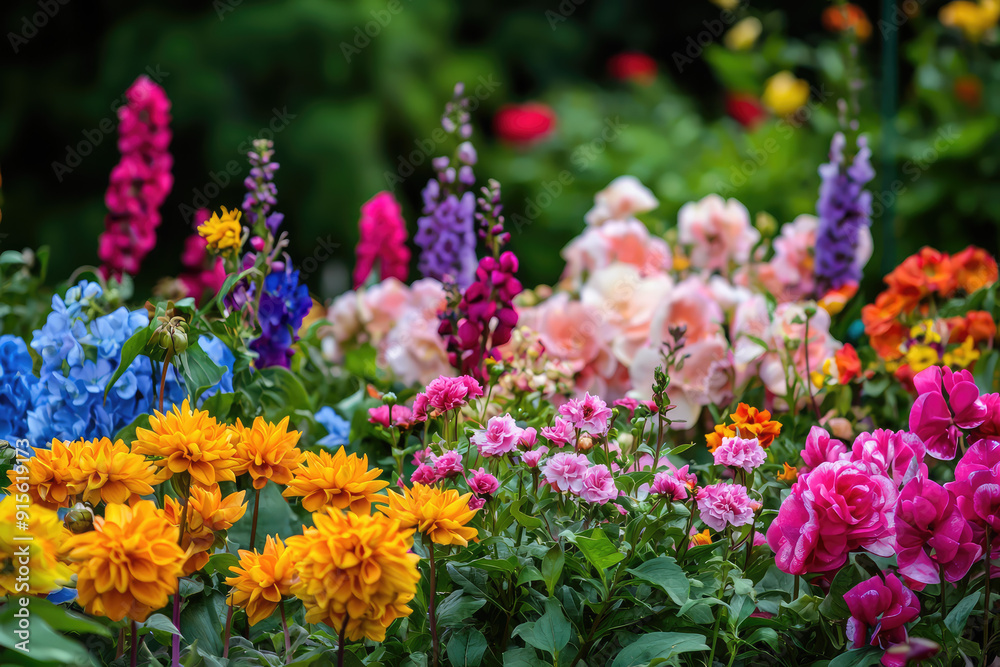 A vibrant garden brimming with colorful flowers of various shapes and sizes, capturing the essence of springtime's abundant beauty and tranquility. A vibrant garden brimming with colorful flowers of various shapes and sizes, capturing the essence of springtime's abundant beauty and tranquility.