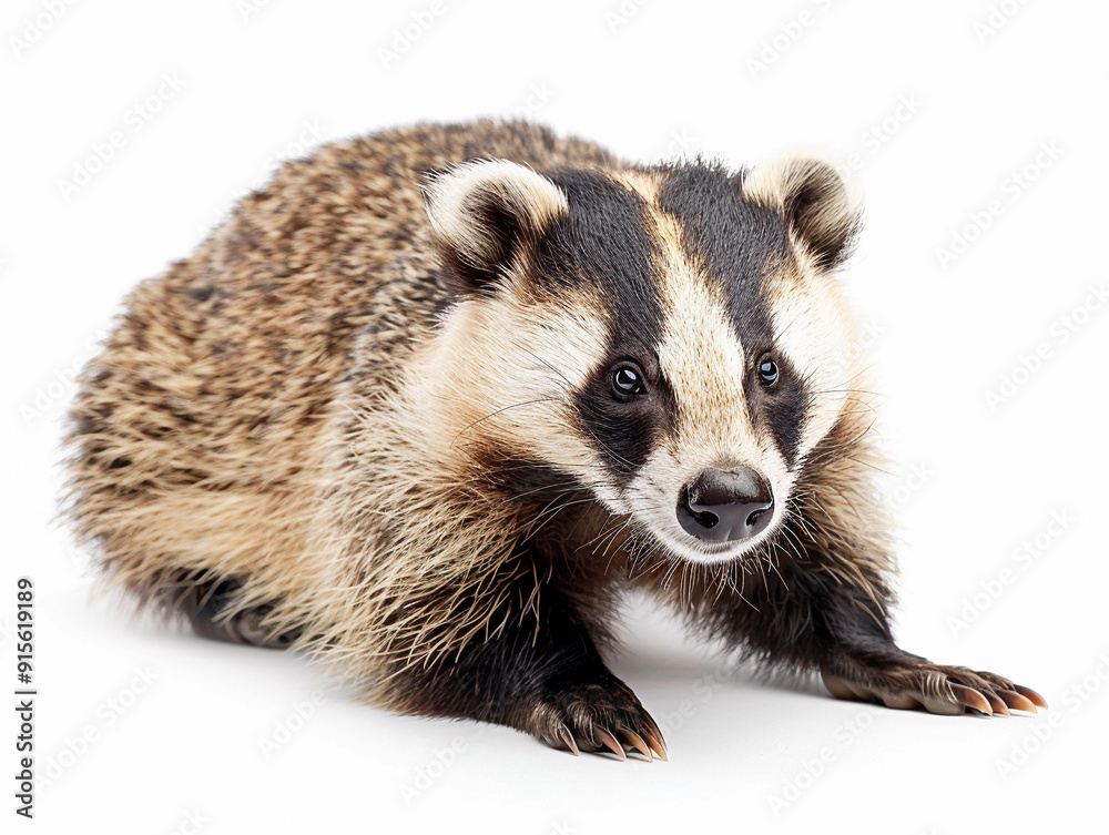 A badger crouching on a white background in a studio setting A badger crouching on a white background in a studio setting