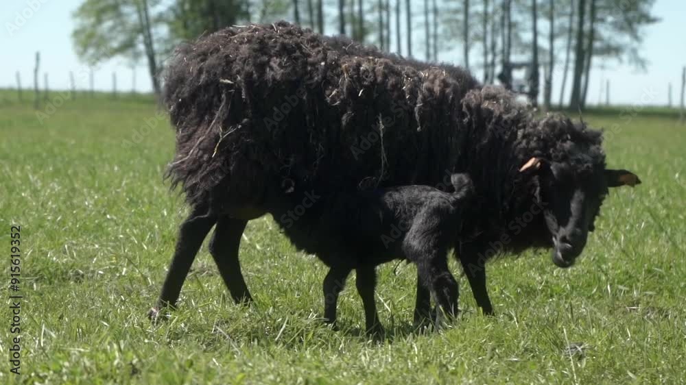 A newborn hungry lamb in a meadow sucks milk and pokes its muzzle into its mother's udder. A black sheep with a tag on its ear is nursing its offspring in a pasture. Animal husbandry in agriculture. A newborn hungry lamb in a meadow sucks milk and pokes its muzzle into its mother's udder. A black sheep with a tag on its ear is nursing its offspring in a pasture. Animal husbandry in agriculture.