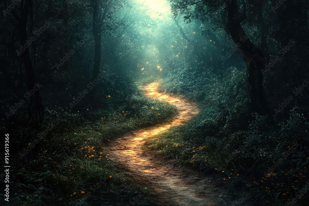 Mystical forest path illuminated by a golden glow, meandering through dense, dark woods under a sky of glowing fireflies and soft, celestial light. Mystical forest path illuminated by a golden glow, meandering through dense, dark woods under a sky of glowing fireflies and soft, celestial light.