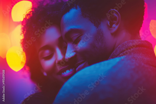 In a warm embrace, their faces aglow with love, two souls find comfort in each other amidst a vibrant, dreamy background of colorful lights. photo