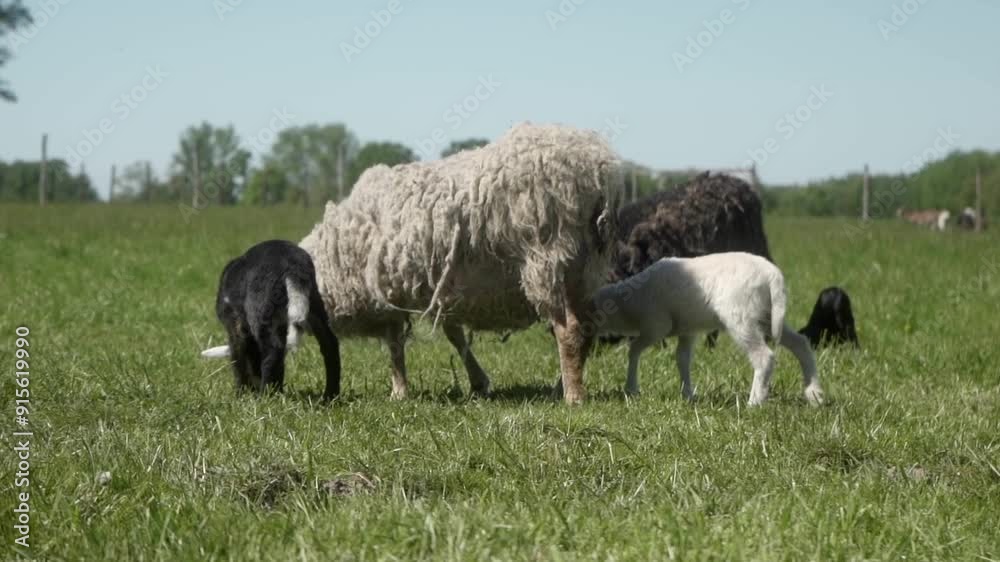 Two lambs, one black and one white, walk closely together in a lush green pasture. A shaggy sheep with thick wool leads the lambs through the sunlit grass. Two lambs, one black and one white, walk closely together in a lush green pasture. A shaggy sheep with thick wool leads the lambs through the sunlit grass.