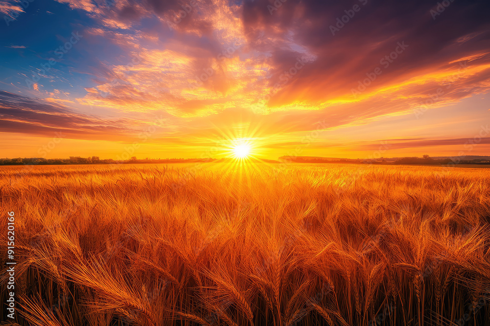 A mesmerizing sunset over a golden wheat field with vibrant skies, radiating warmth and tranquility, showcasing nature's unparalleled beauty and serenity.