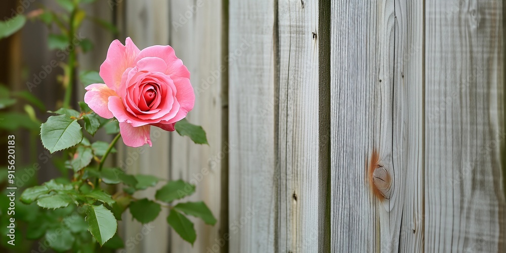 Closeup of old white picket fence with pink rose,love and romance in garden,copy space,web banner. Closeup of old white picket fence with pink rose,love and romance in garden,copy space,web banner.