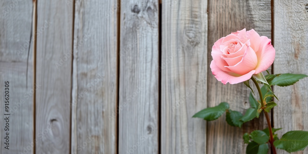 Closeup of old white picket fence with pink rose,love and romance in garden,copy space,web banner.