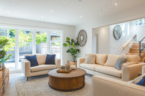 Modern living room with large windows, filled with natural light, featuring neutral furnishings and cozy blue accents for an inviting ambiance. photo