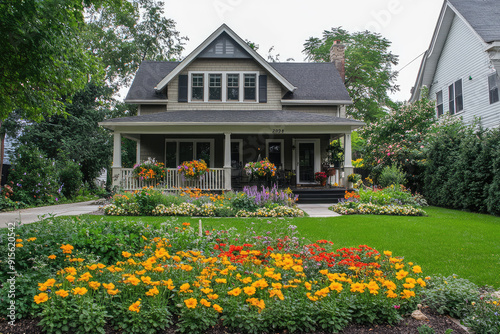 Charming suburban home with lush garden and vibrant flowers, offering a serene and picturesque setting perfect for relaxing and enjoying nature. photo