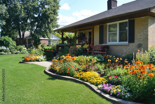 A picturesque suburban home with vivid flower beds, a manicured lawn, and inviting wooden seating, offering a serene and welcoming atmosphere. photo