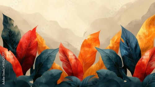 Clean, modern pattern of overlapping plant shapes with soft.