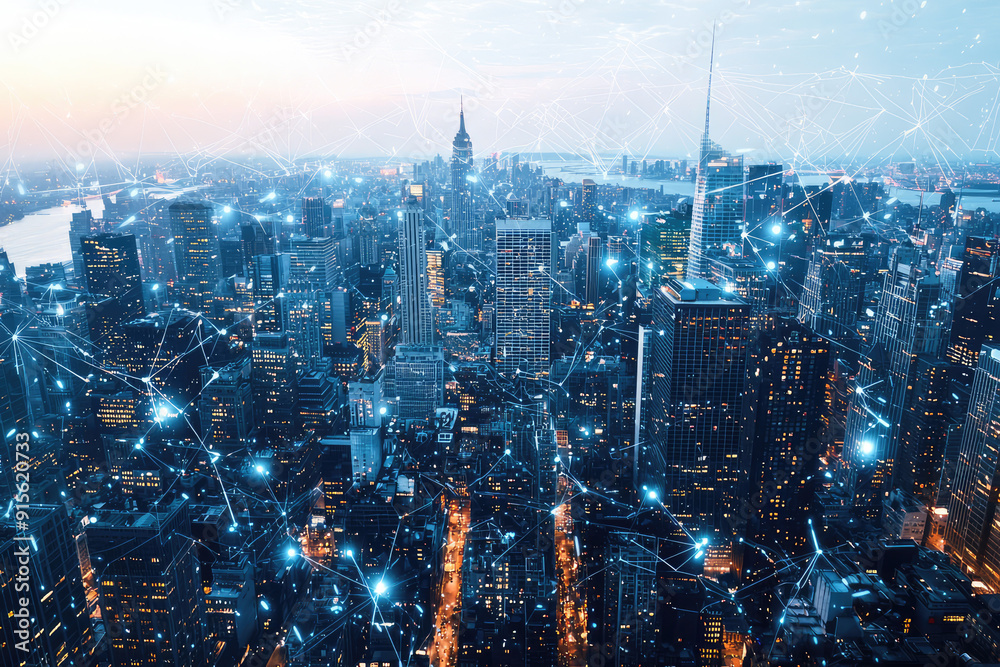 Fototapeta premium A captivating cityscape with towering skyscrapers illuminated by interconnected blue lights, representing a blend of urban landscape and digital connectivity.