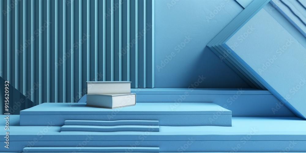 Abstract background with books and blue backdrop with geometric patterns, minimalist style. Abstract background with books and blue backdrop with geometric patterns, minimalist style.