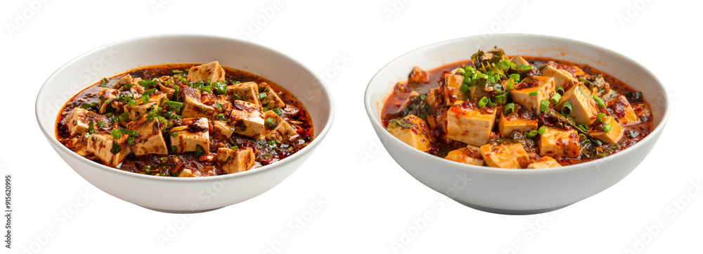 Delicious Sichuan-style mapo Scorched Tofu in a white bowl cutout PNG isolated on white or transparent background Delicious Sichuan-style mapo Scorched Tofu in a white bowl cutout PNG isolated on white or transparent background