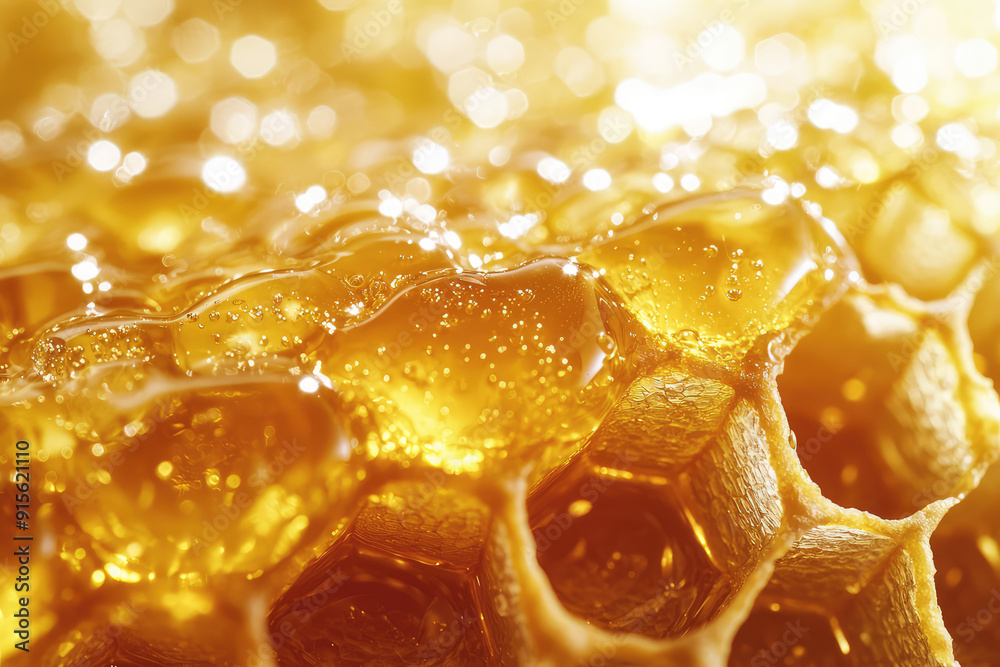A mesmerizing close-up of a golden honeycomb dripping with liquid honey, showcasing its texture and glistening surface in a sunny, blurred backdrop. A mesmerizing close-up of a golden honeycomb dripping with liquid honey, showcasing its texture and glistening surface in a sunny, blurred backdrop.