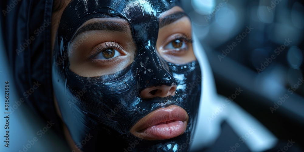 Closeup image of a girl's face with black facial mask on it Closeup image of a girl's face with black facial mask on it