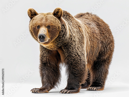 A close-up view of a brown bear standing on all fours in a neutral setting photo