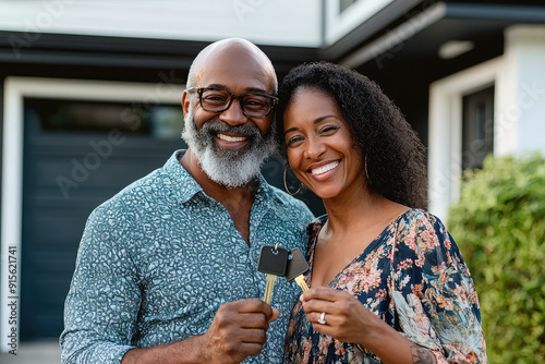 A joyous couple stands outside their brand-new home, beaming with happiness as they proudly hold the keys to their future, ready for new adventures. photo