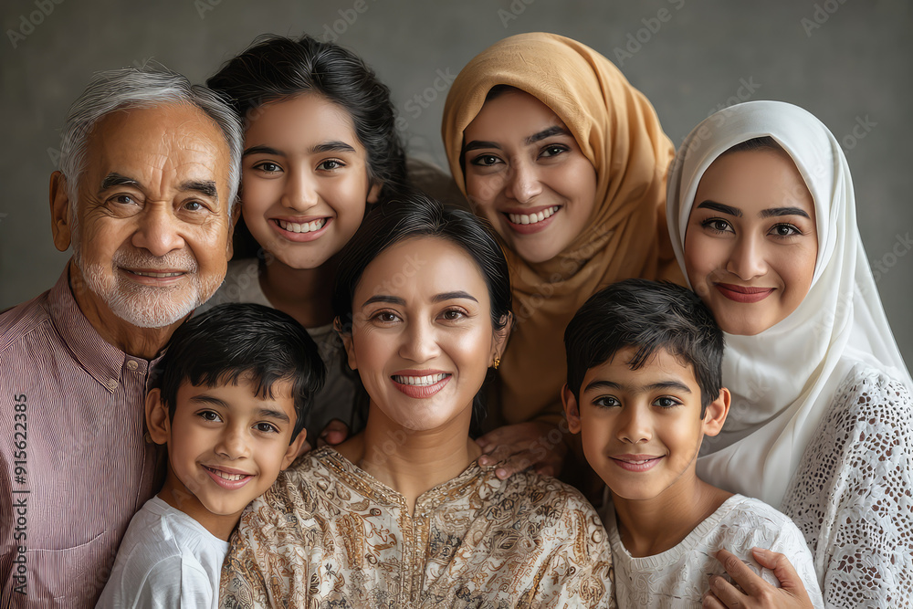 Obraz premium A radiant family portrait showcasing three generations. Beaming grandparents, kids, moms in hijabs, close together with love and joy.