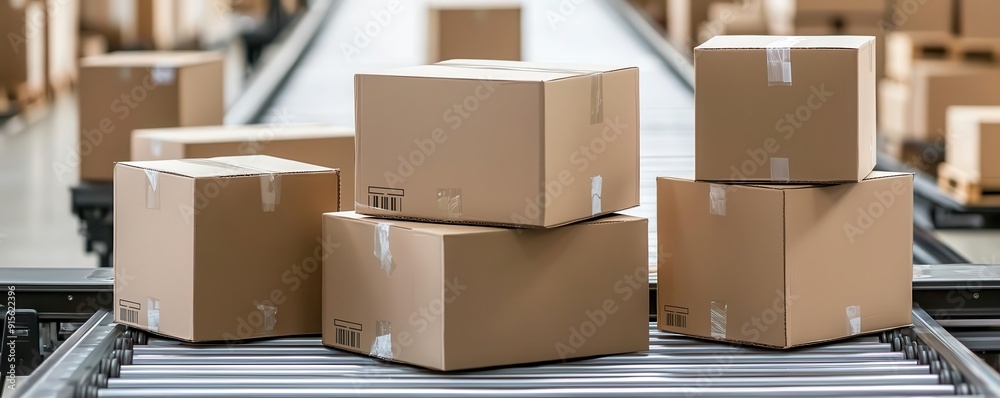 Labeled moving boxes stacked on a conveyor belt, heading toward a shipping area, representing an automated shipping process Labeled moving boxes stacked on a conveyor belt, heading toward a shipping area, representing an automated shipping process