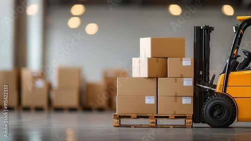 Labeled moving boxes being carefully stacked on a pallet, prepared for forklift transport, efficient packing photo