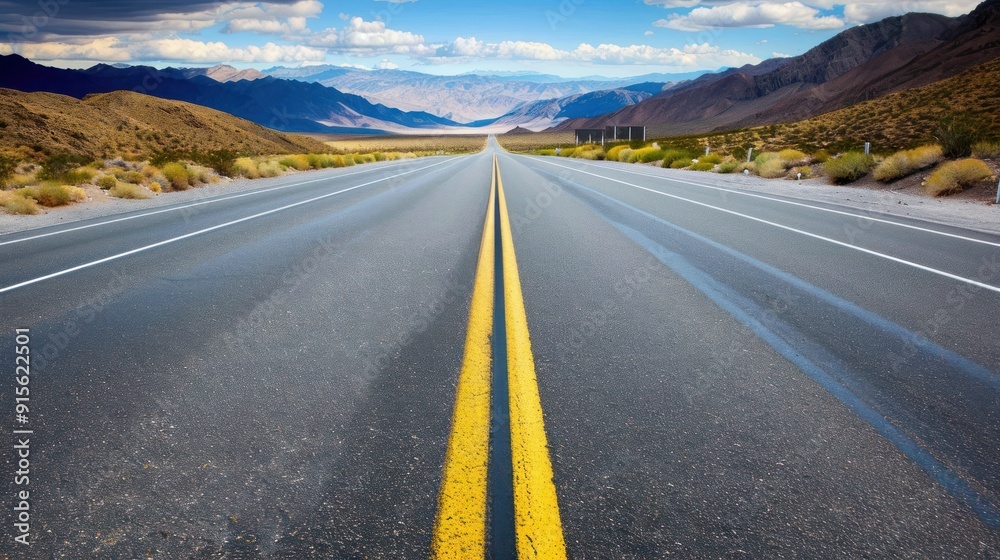 Fototapeta premium Empty Road Leading to Mountains Under Blue Sky.