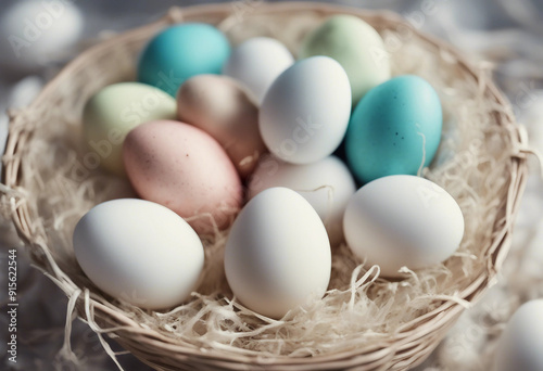 Colorful white easter eggs in basket on background