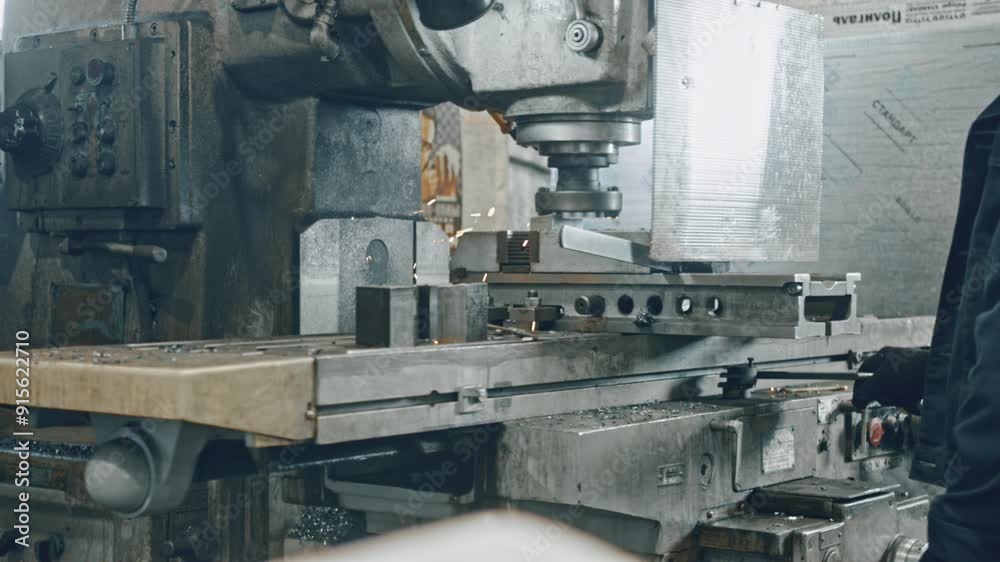 Close-up of an industrial milling machine cutting metal with precision, creating sparks. Operator monitors the process in a workshop setting Close-up of an industrial milling machine cutting metal with precision, creating sparks. Operator monitors the process in a workshop setting