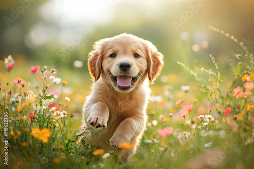 Joyful golden retriever puppy prancing through a vibrant field of wildflowers on a sunny day, capturing the essence of freedom and pure delight. photo