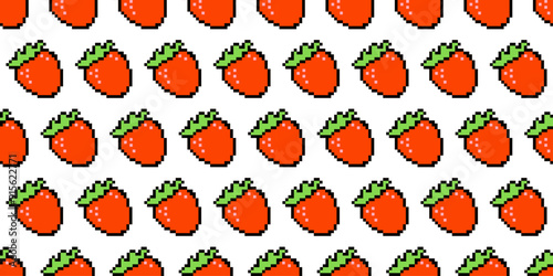 Red strawberry emoji. Pixel art vector pattern. White background. Vintage 8-bit texture. Minimalistic pixel graphic. Fruit symbol. Old style. 80s, and 90s video game object design. Backdrop design