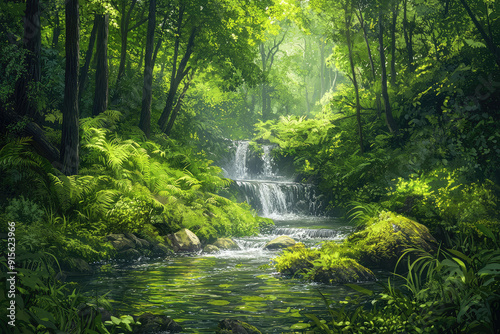 A serene forest with a cascading waterfall surrounded by vibrant foliage, illuminated by soft sunlight, creating a tranquil and picturesque scenery.