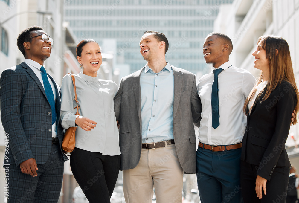 Business people, happy and together in city for diversity, inclusion and about us. Laugh, lawyers or confident on sidewalk for collaboration, professional or legal expertise for urban arbitration Business people, happy and together in city for diversity, inclusion and about us. Laugh, lawyers or confident on sidewalk for collaboration, professional or legal expertise for urban arbitration