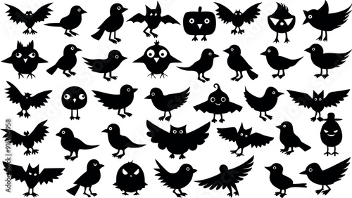 Set of silhouettes of Halloween cute birds