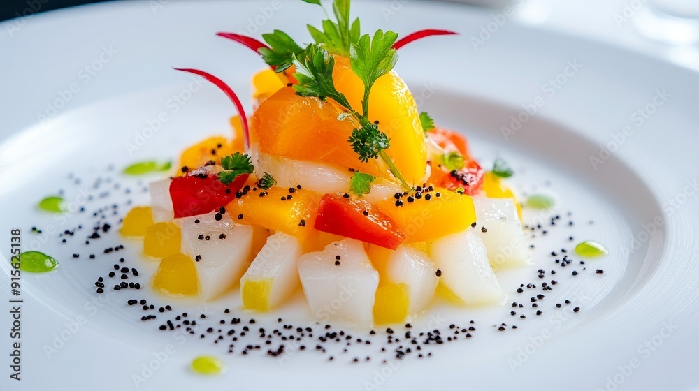 Gourmet fruit salad, colorful durian, ackee, and miracle berry, delicately sliced, elegant presentation, fine dining style Gourmet fruit salad, colorful durian, ackee, and miracle berry, delicately sliced, elegant presentation, fine dining style