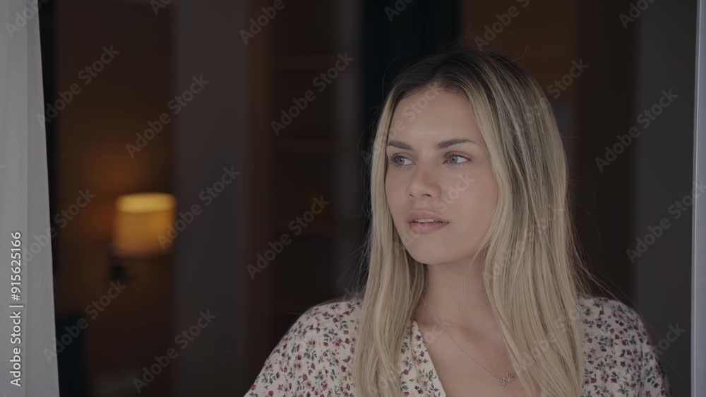 Close up beautiful young woman opening curtains on window in morning and ready to start a new day feel happy smiling. Slow motion Close up beautiful young woman opening curtains on window in morning and ready to start a new day feel happy smiling. Slow motion
