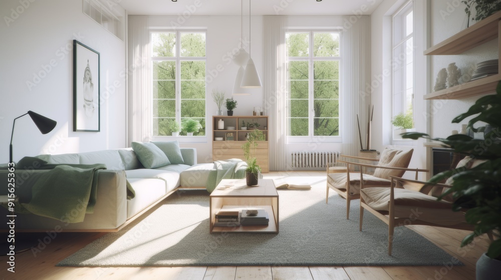 bright minimalist living room with large windows in Scandinavian style bright minimalist living room with large windows in Scandinavian style