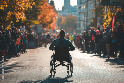 Wallpaper Mural A determined athlete in a wheelchair competes in a vibrant city marathon, symbolizing resilience amid cheering crowds on a sunny autumn day. Torontodigital.ca
